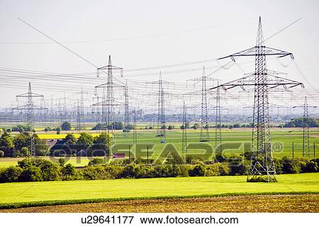 Stock Photo - power, conduct electricity energy, energiepreise, sky, high voltage, high-voltage line, charring district. Fotosearch