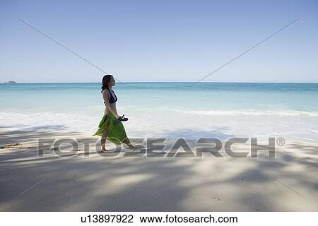 Stock Image - A young woman walking on beach. Fotosearch