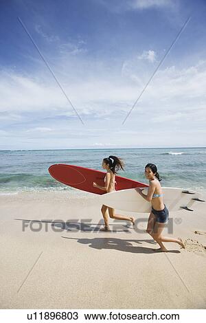 Stock Image - Profile of young women running at beach. Fotosearch
