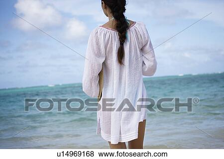 Rear view of a woman at beach View Large Photo Image Stock Photo - Rear view of a woman at beach. Fotosearch