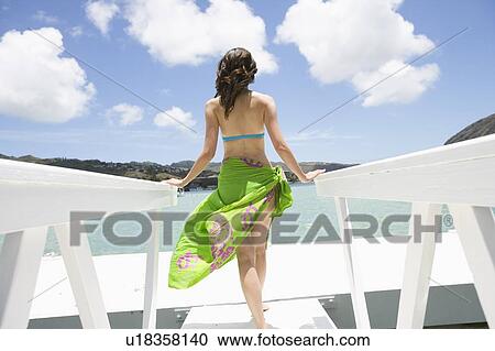 Rear view of a woman walking on a pier View Large Photo Image Stock Image - Rear view of a woman walking on a pier. Fotosearch