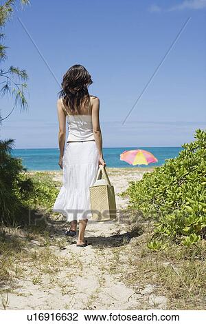 rear view of a woman walking towards beach View Large Photo Image Stock Image - rear view of a woman walking towards beach. Fotosearch