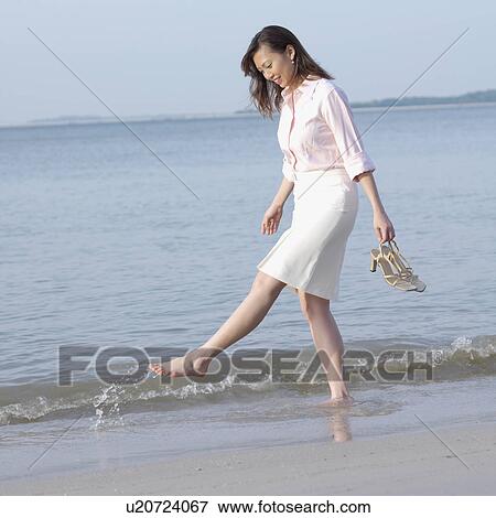 Side profile of a mid adult woman walking on the beach View Large Photo Image Stock Photo - Side profile of a mid adult woman walking on the beach. Fotosearch