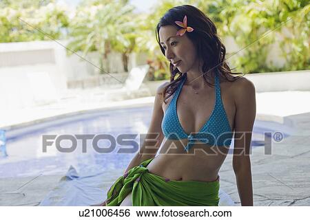 A young woman sitting beside swimming pool View Large Photo Image Stock Photograph - A young woman sitting beside swimming pool. Fotosearch