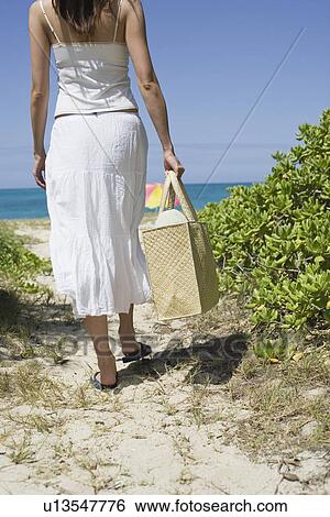 Rear view of a woman walking towards beach View Large Photo Image Stock Photograph - Rear view of a woman walking towards beach. Fotosearch