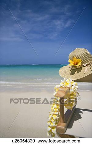 View of a garland and hat on wooden chair at beach View Large Photo Image Stock Photo - View of a garland and hat on wooden chair at beach. Fotosearch
