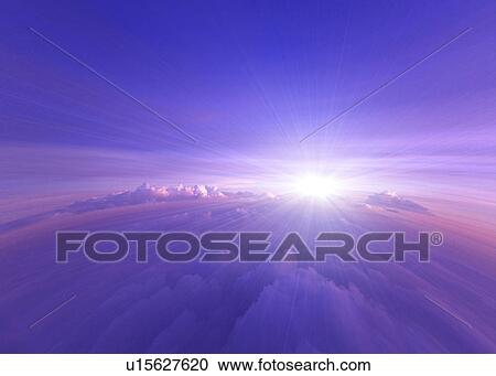 Stock Image - View of bright sun and cloudy sky (digital composite). Fotosearch