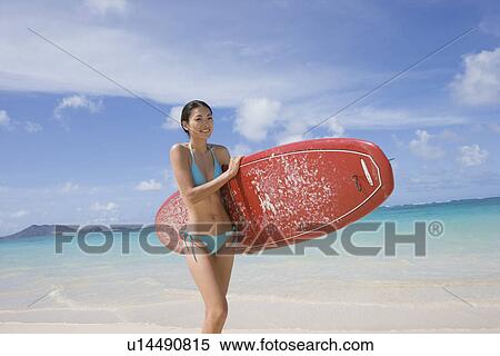 A young woman holding surfboard on beach View Large Photo Image Stock Photography - A young woman holding surfboard on beach. Fotosearch