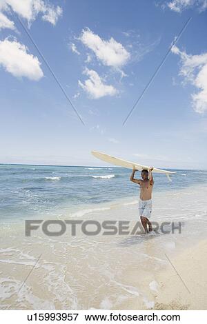 Man carrying surfboard on head at beach View Large Photo Image Stock Photo - Man carrying surfboard on head at beach. Fotosearch