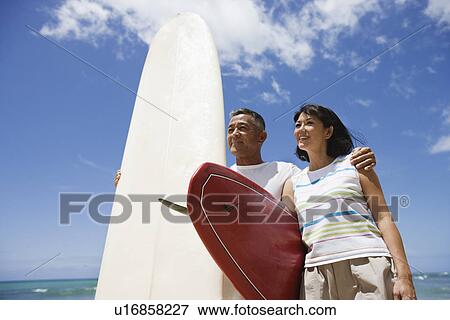 View of a couple with surfboards at beach View Large Photo Image Stock Photo - View of a couple with surfboards at beach. Fotosearch