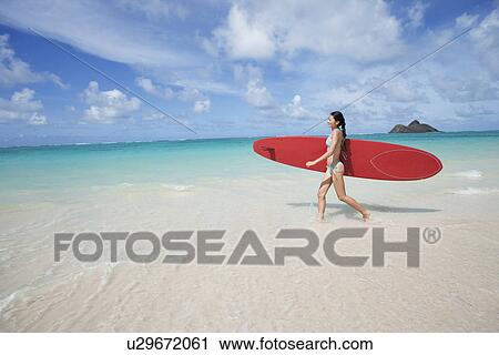 A young woman walking on beach with surfboard View Large Photo Image Stock Image - A young woman walking on beach with surfboard. Fotosearch