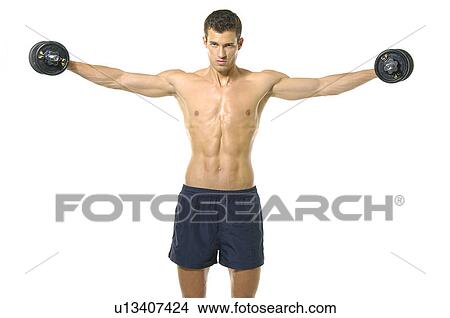 Picture - Portrait of a young man exercising with hand weights. Fotosearch