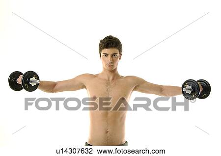 Portrait of a young man exercising with hand weights View Large Photo Image Stock Image - Portrait of a young man exercising with hand weights. Fotosearch