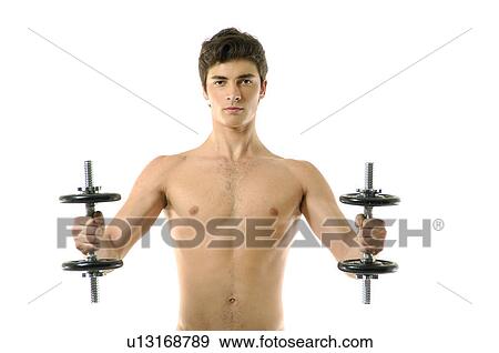 Portrait of a young man exercising with hand weights View Large Photo Image Stock Photo - Portrait of a young man exercising with hand weights. Fotosearch