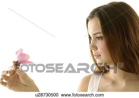 Close-up of a young woman holding a flower View Large Photo Image Stock Image - Close-up of a young woman holding a flower. Fotosearch
