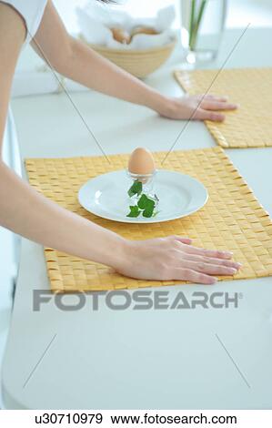 A woman setting breakfast View Large Photo Image Stock Photo - A woman setting breakfast. Fotosearch