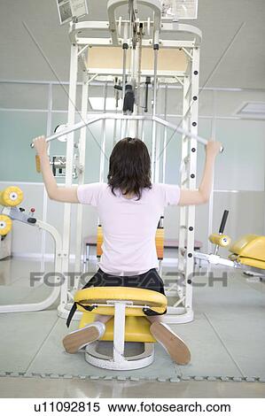 Rear view of young woman exercising in gym View Large Photo Image Stock Photography - Rear view of young woman exercising in gym. Fotosearch