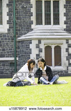 Two young women sitting on lawn View Large Photo Image Stock Image - Two young women sitting on lawn. Fotosearch