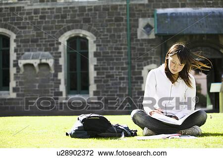 Young woman studying on lawn View Large Photo Image Stock Image - Young woman studying on lawn. Fotosearch