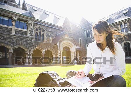 Young woman studying on lawn View Large Photo Image Stock Photo - Young woman studying on lawn. Fotosearch