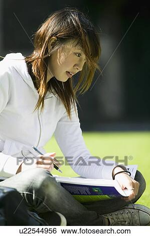 Stock Photograph - Young woman studying on lawn. Fotosearch