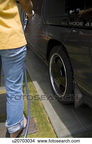 Picture - A woman washing a car. Fotosearch