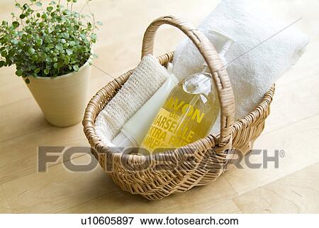 Bath items in basket View Large Photo Image Stock Photo - Bath items in basket. Fotosearch