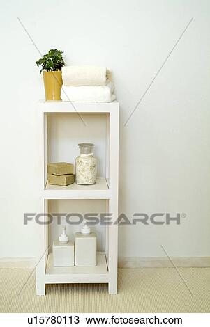 Stock Image - Bath items in shelf. Fotosearch