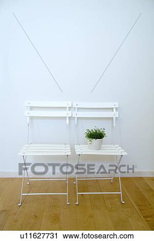 Stock Image - Potted plant and white chairs. Fotosearch