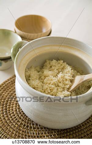 Stock Image - Steamed brown rice in pot. Fotosearch