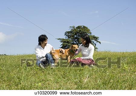 Young couple playing with dog View Large Photo Image Stock Photo - Young couple playing with dog. Fotosearch