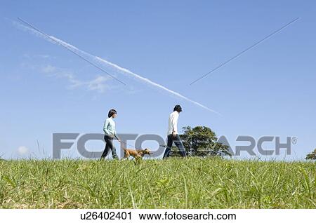 Stock Image - Young couple walking dog. Fotosearch