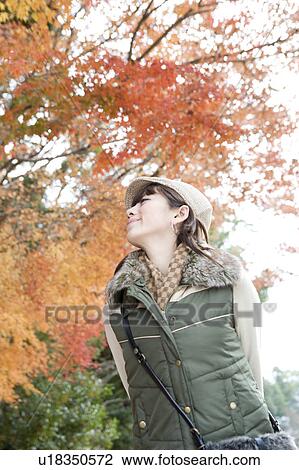Stock Image - Young woman looking at red maple leaves, Kamigamo Shrine, Kyoto Prefecture, Japan. Fotosearch
