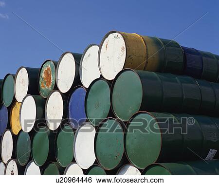 Stock Photograph - Stacks of barrels accumulated at a place. Fotosearch