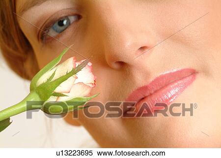 Close-up of female face with single white rose View Large Photo Image Stock Photography - Close-up of female face with single white rose. Fotosearch