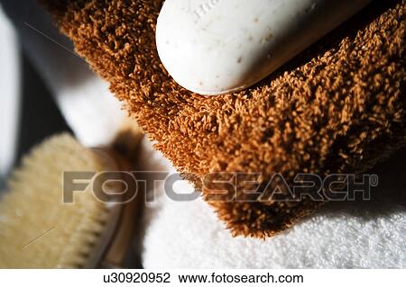 Bathroom Display of Scrub Brush, Soap, and Towels View Large Photo Image Stock Image - Bathroom Display of Scrub Brush, Soap, and Towels. Fotosearch