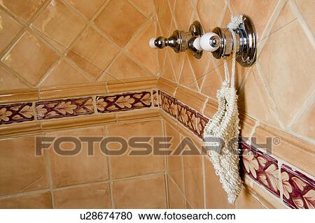 Stock Image - Detail of Spanish Style Tile Shower. Fotosearch