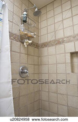 Stock Photo - Detail of tile shower, low angle. Fotosearch