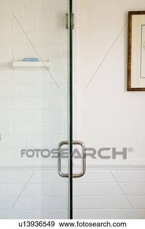 Glass Shower Door with Handle View Large Photo Image Stock Photo - Glass Shower Door with Handle. Fotosearch