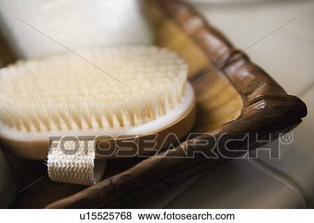 Scrub Brush and Toiletries in Wood Tray on Bathroom Counter View Large Photo Image Stock Photo - Scrub Brush and Toiletries in Wood Tray on Bathroom Counter. Fotosearch