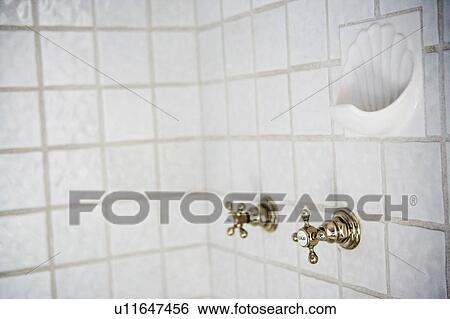 Tile Shower with Seashell Soapdish and Vintage Knobs View Large Photo Image Stock Photograph - Tile Shower with Seashell Soapdish and Vintage Knobs. Fotosearch
