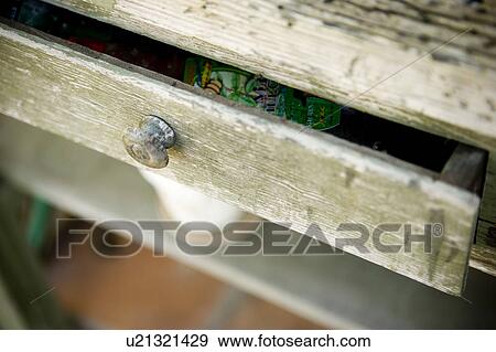 Stock Photo - Rustic green wood outdoor cabinet with drawer. Fotosearch