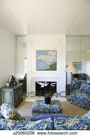 Living Room with Fireplace and Blue Accents View Large Photo Image Stock Photo - Living Room with Fireplace and Blue Accents. Fotosearch