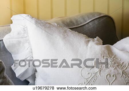 White pillow with embroidery View Large Photo Image Stock Photo - White pillow with embroidery. Fotosearch