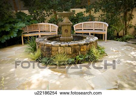Picture - Benches and Fountain in Home Courtyard. Fotosearch