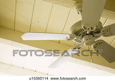 Picture - Detail of Ceiling Fan and Vaulted Wood Paneled Ceiling. Fotosearch