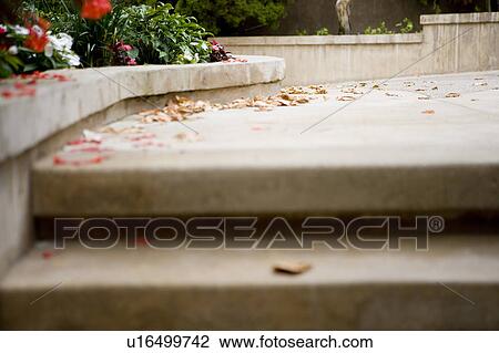Stock Image - Low perspective of cement steps and debris. Fotosearch