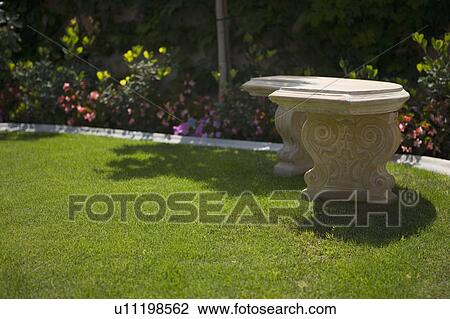 Stone Bench In Yard With Garden Stock Image U11198562 Fotosearch