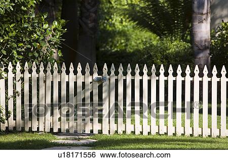Stock Photograph - White Picket Fence with Gate. Fotosearch