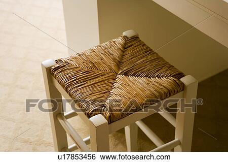 Stock Photograph - White Wood Stool with Wicker Seat. Fotosearch